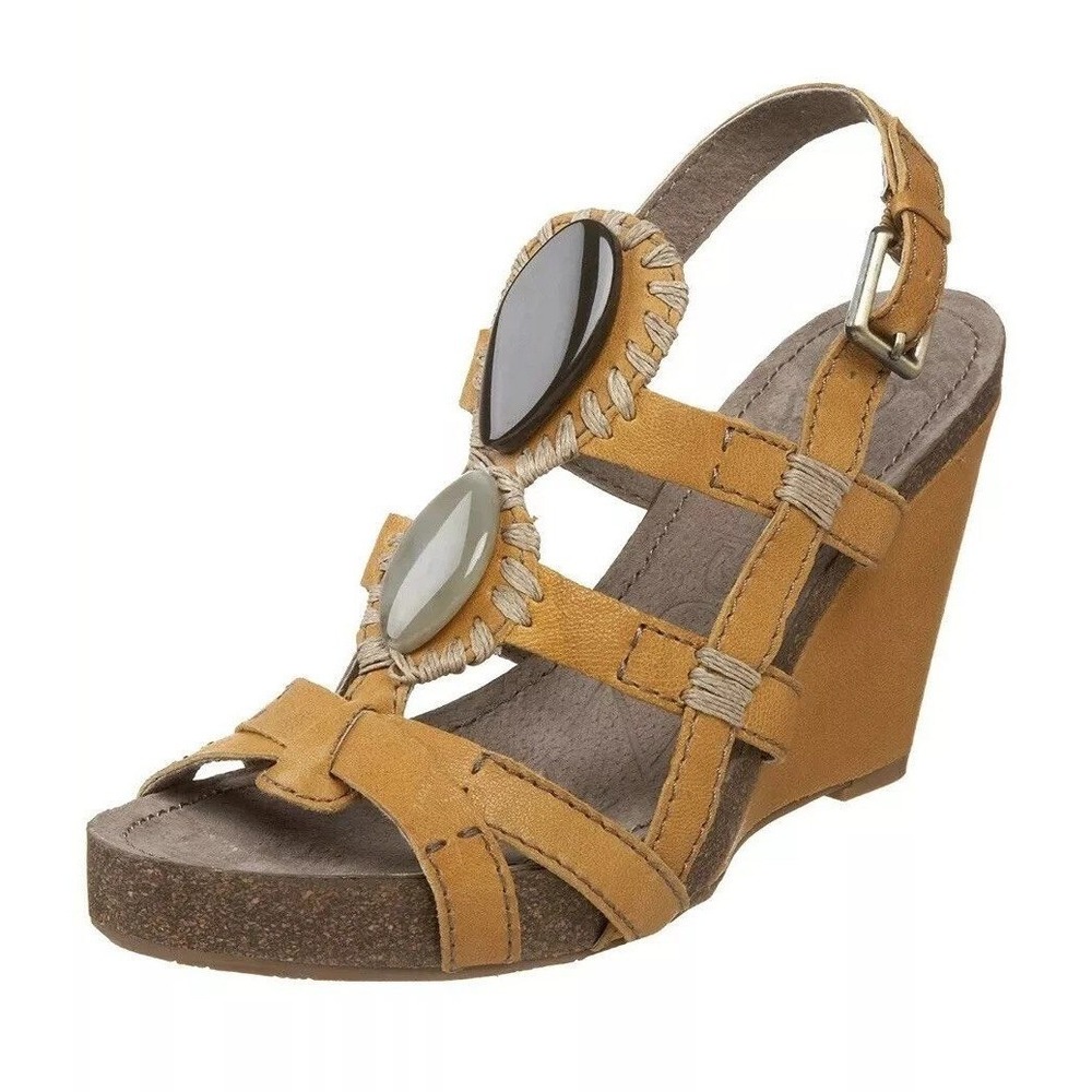 Anthropologie Apepazza Ambra Stone‎ 4" Wedge Strappy Tan Sandals Leather Boho 8